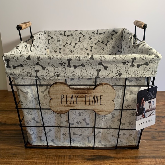 Rae Dunn PLAY TIME, decorative cloth lined wire basket.